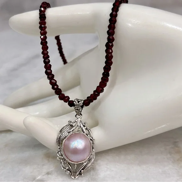 Mabe Pink Pearl Sterling Silver Openwork Leaf Pendant 20” Necklace - Picture 4 of 12